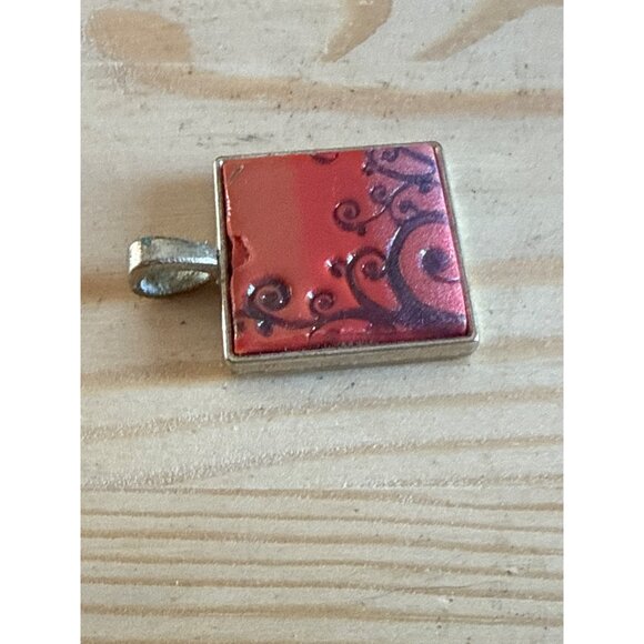 Square Red & Black Swirl Pattern Pendant With Silver-Tone Metal Base - Picture 2 of 5
